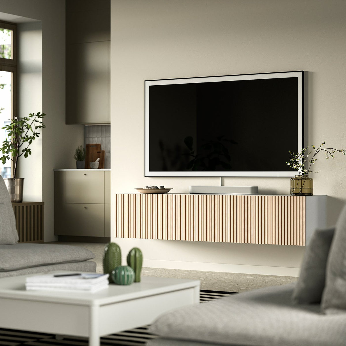 BESTÅ TV bench with doors, white/Björköviken ash veneer, 180x42x38 cm