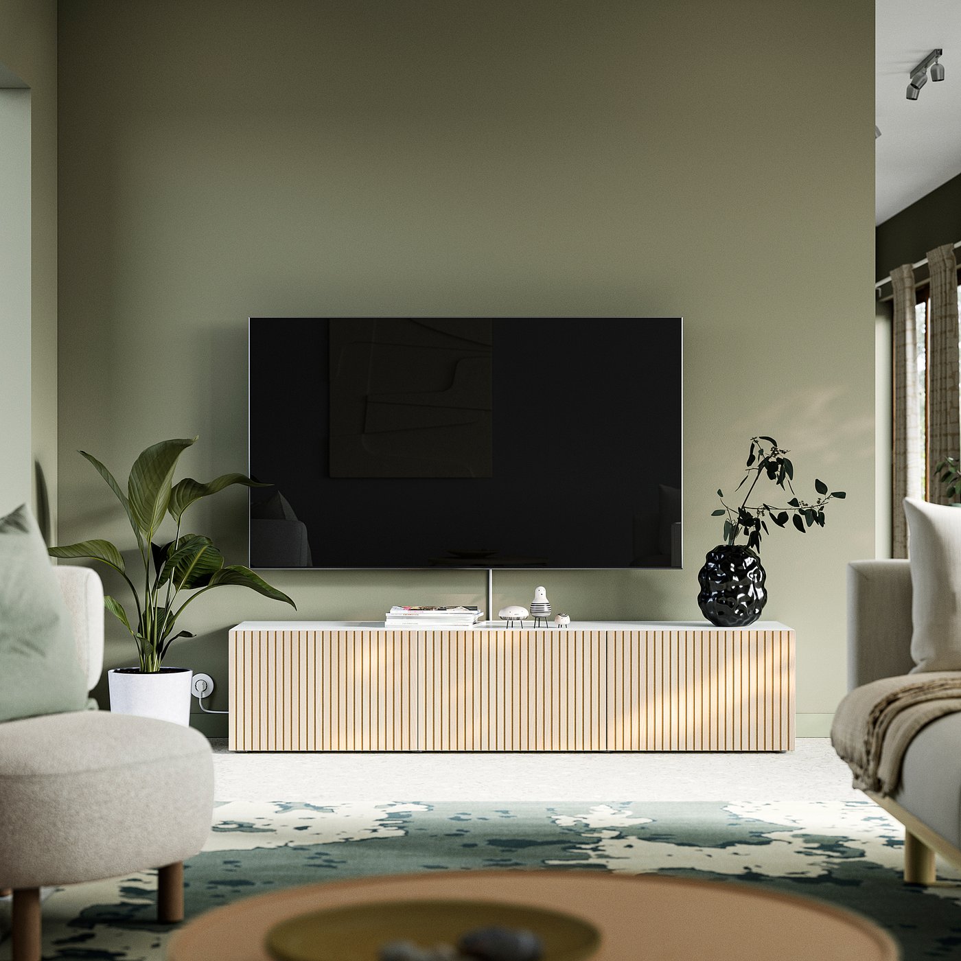 BESTÅ TV bench with doors, white/Björköviken ash veneer, 180x42x38 cm