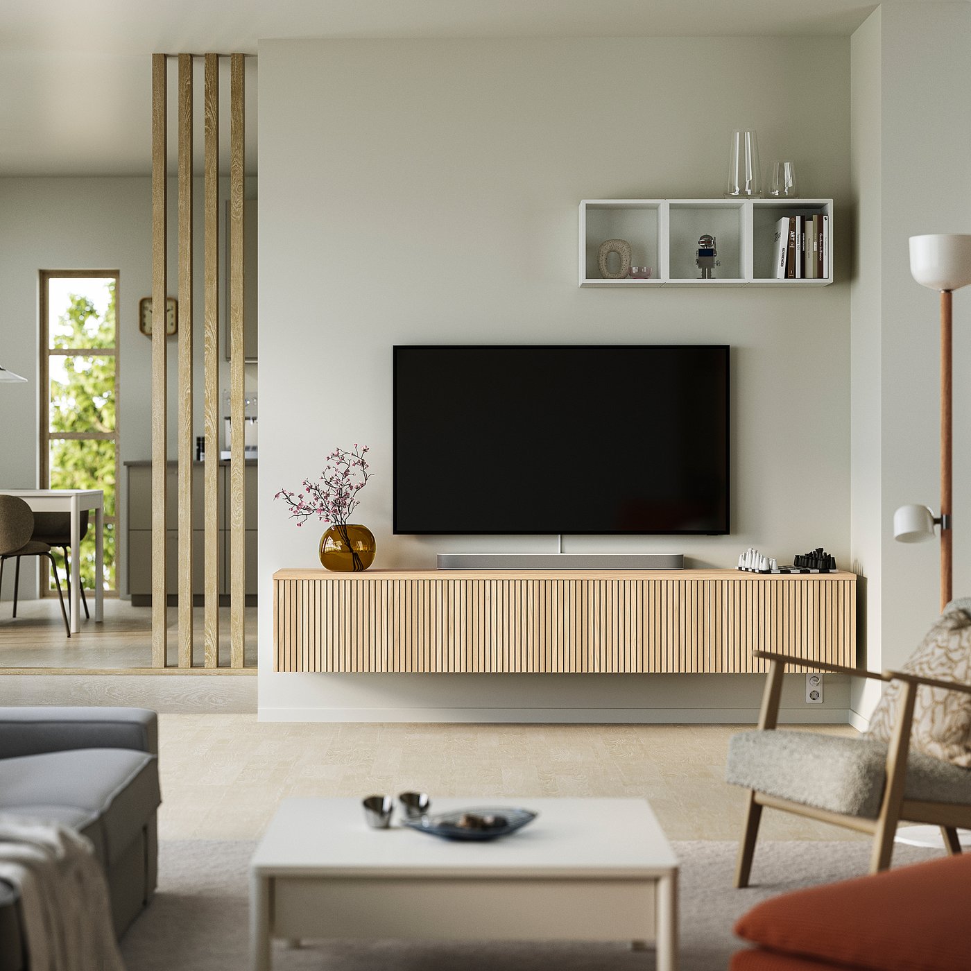 BESTÅ TV bench with doors, white/Björköviken oak veneer, 240x42x40 cm