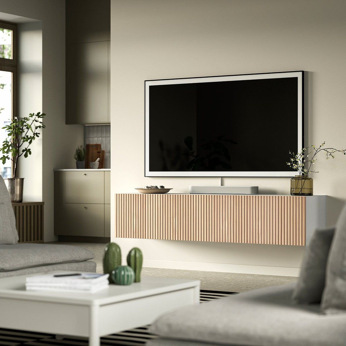 BESTÅ TV bench with doors, white Björköviken/oak veneer, 180x42x38 cm