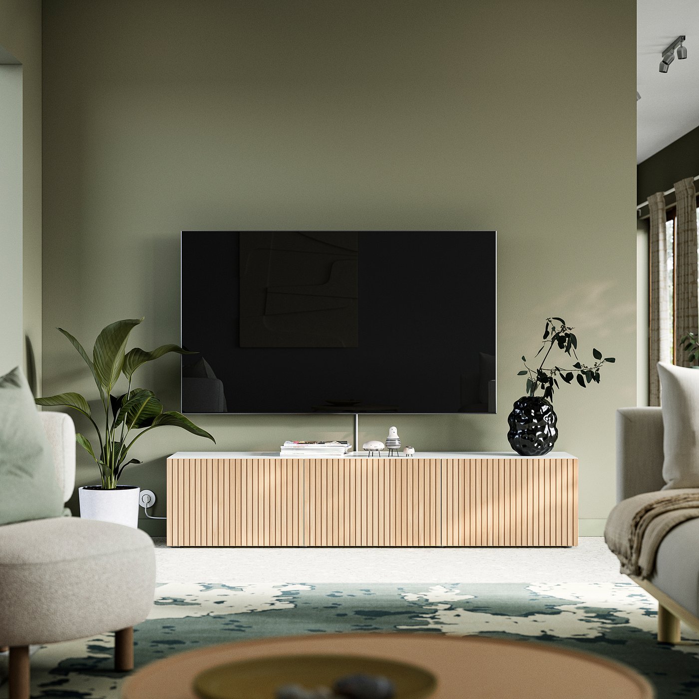 BESTÅ TV bench with doors, white Björköviken/oak veneer, 180x42x38 cm