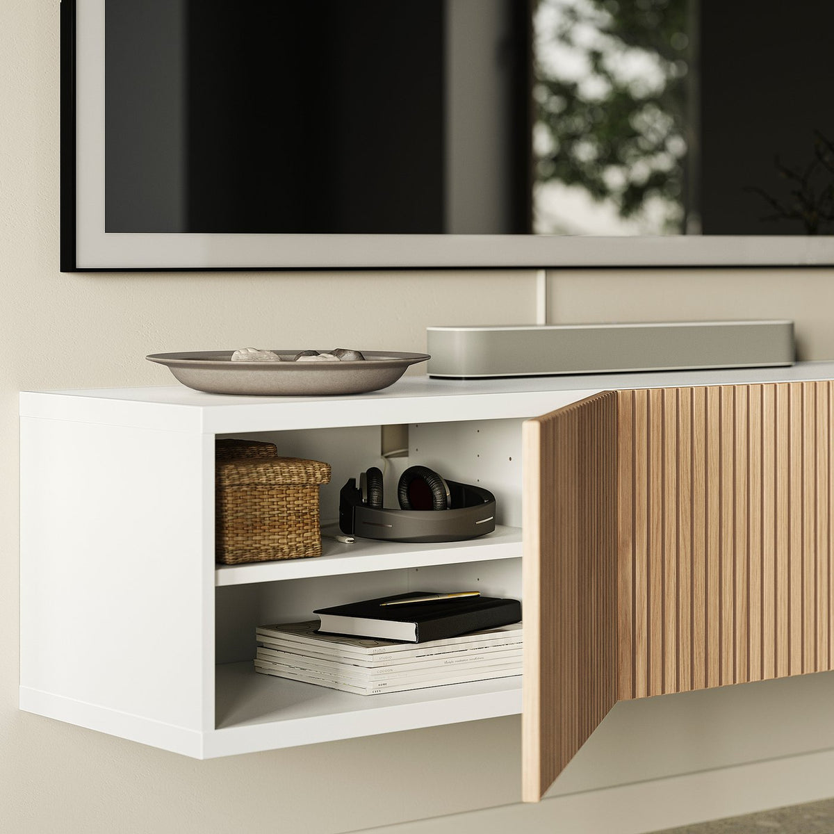 BESTÅ TV bench with doors, white Björköviken/oak veneer, 180x42x38 cm