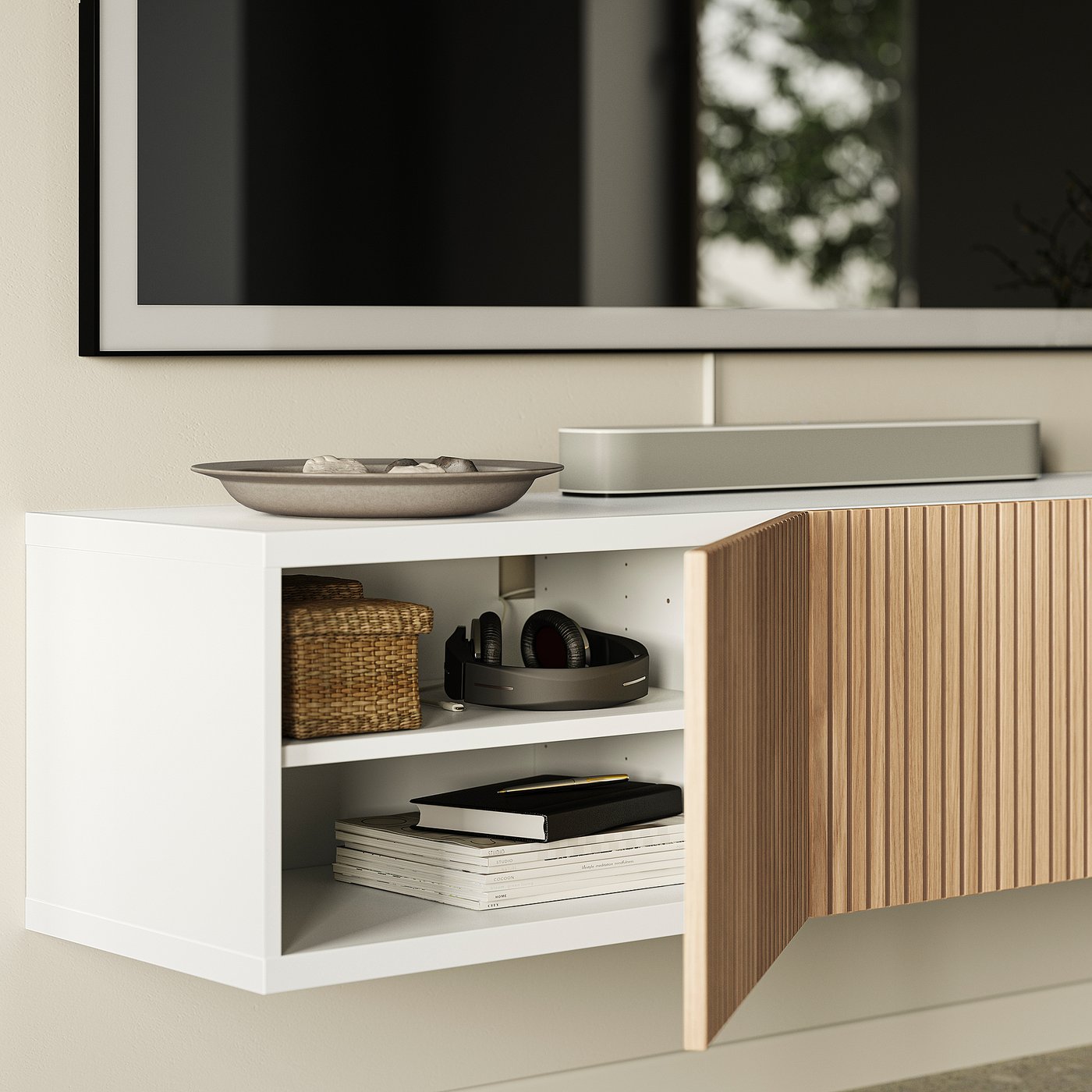 BESTÅ TV bench with doors, white Björköviken/oak veneer, 180x42x38 cm