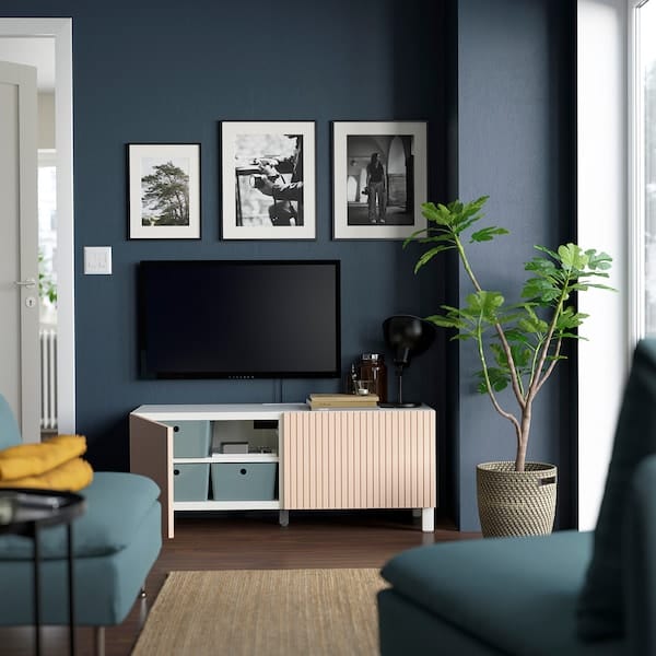 Ikea BESTÅ - TV bench with doors, white Björköviken/Stubbarp/birch veneer, 120x42x48 cm