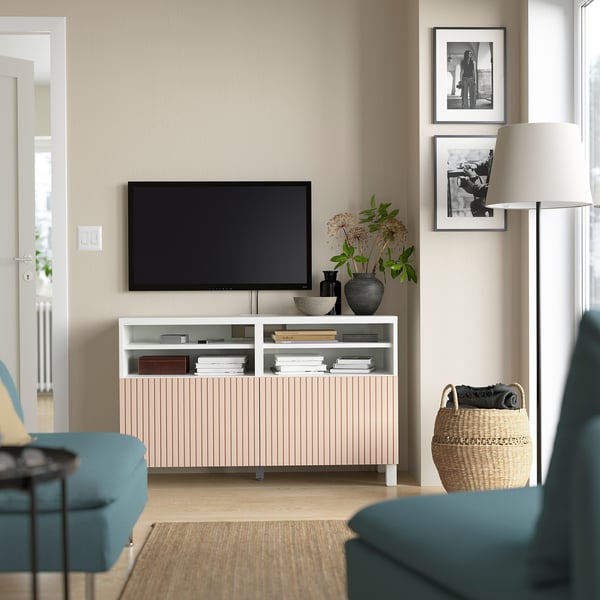 BESTÅ TV bench with doors, white/Björköviken/Stubbarp birch veneer, 120x42x74 cm