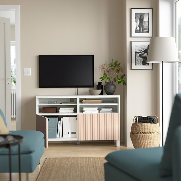 BESTÅ TV bench with doors, white/Björköviken/Stubbarp birch veneer, 120x42x74 cm