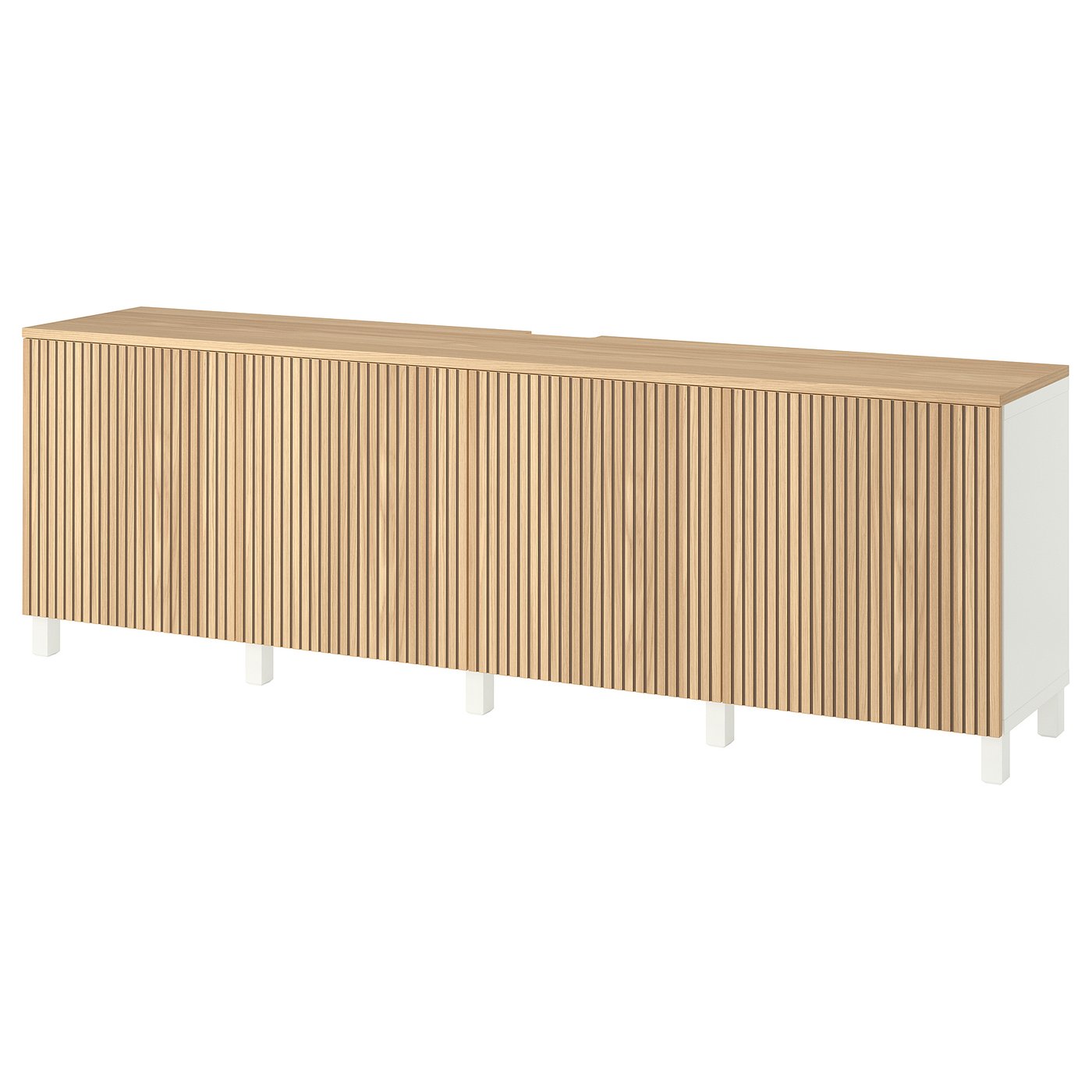 BESTÅ TV bench with doors, white/Björköviken/Stubbarp oak veneer, 240x42x76 cm