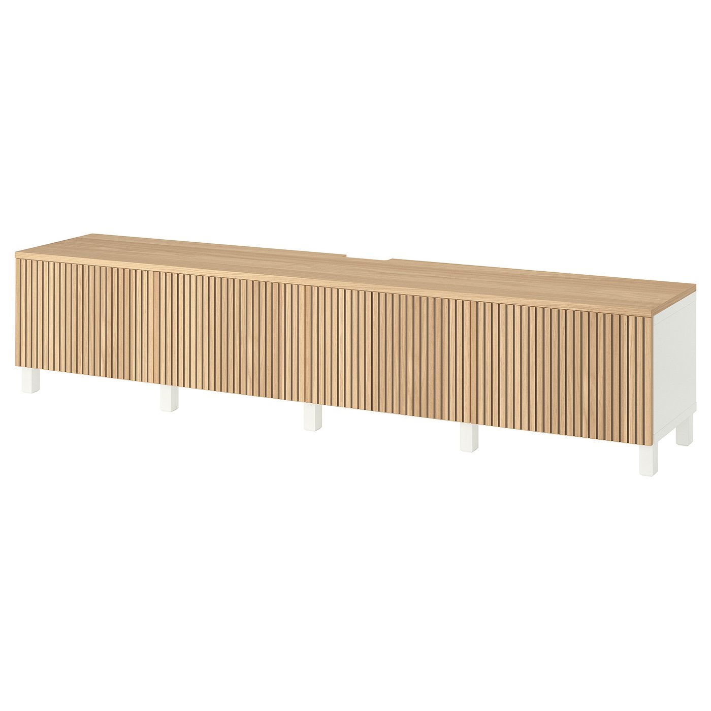 BESTÅ TV bench with doors, white/Björköviken/Stubbarp oak veneer, 240x42x50 cm