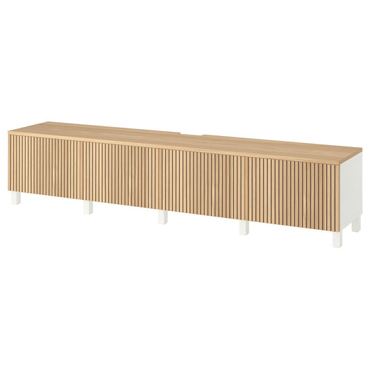 BESTÅ TV bench with doors, white/Björköviken/Stubbarp oak veneer, 240x42x50 cm