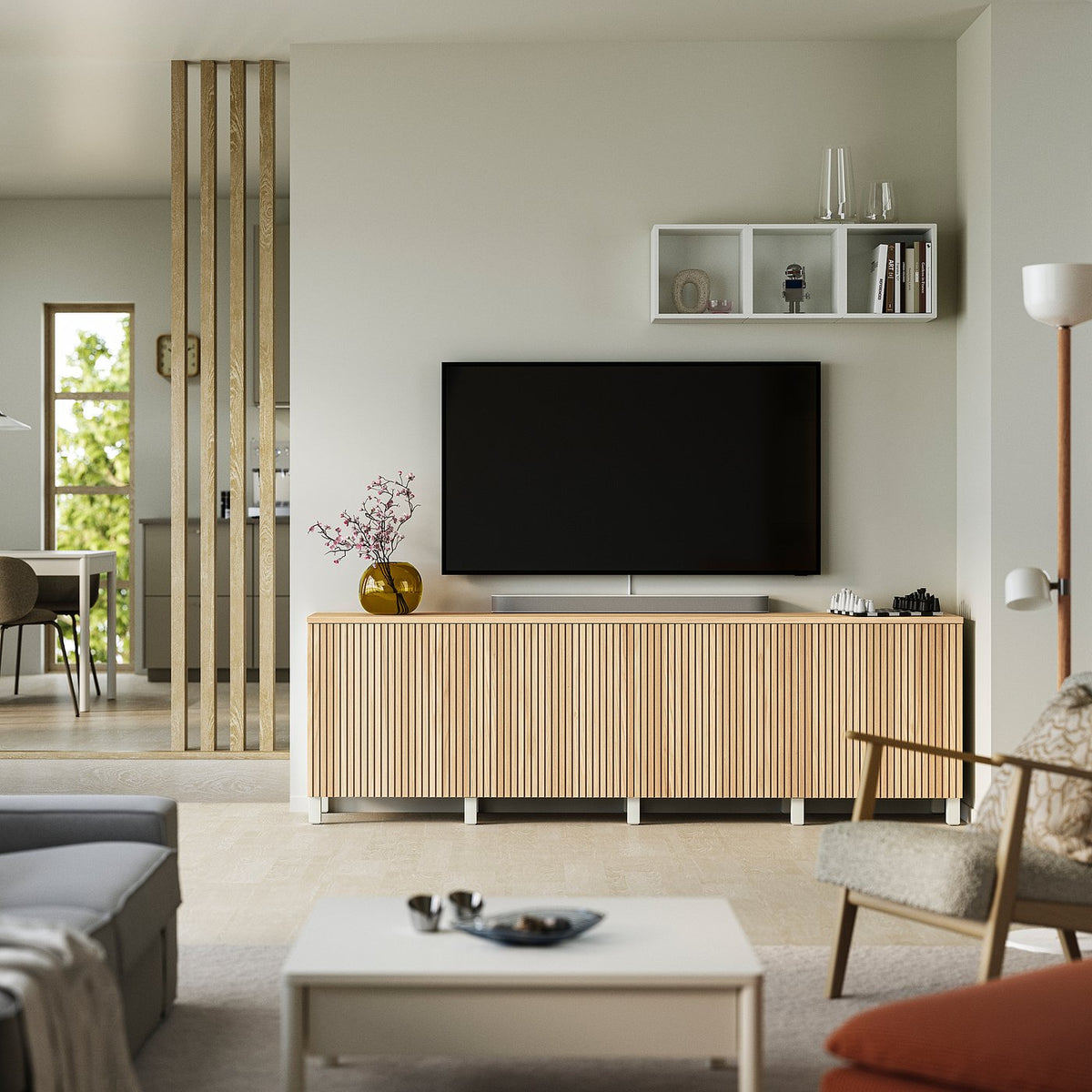 BESTÅ TV bench with doors, white/Björköviken/Stubbarp oak veneer, 240x42x76 cm