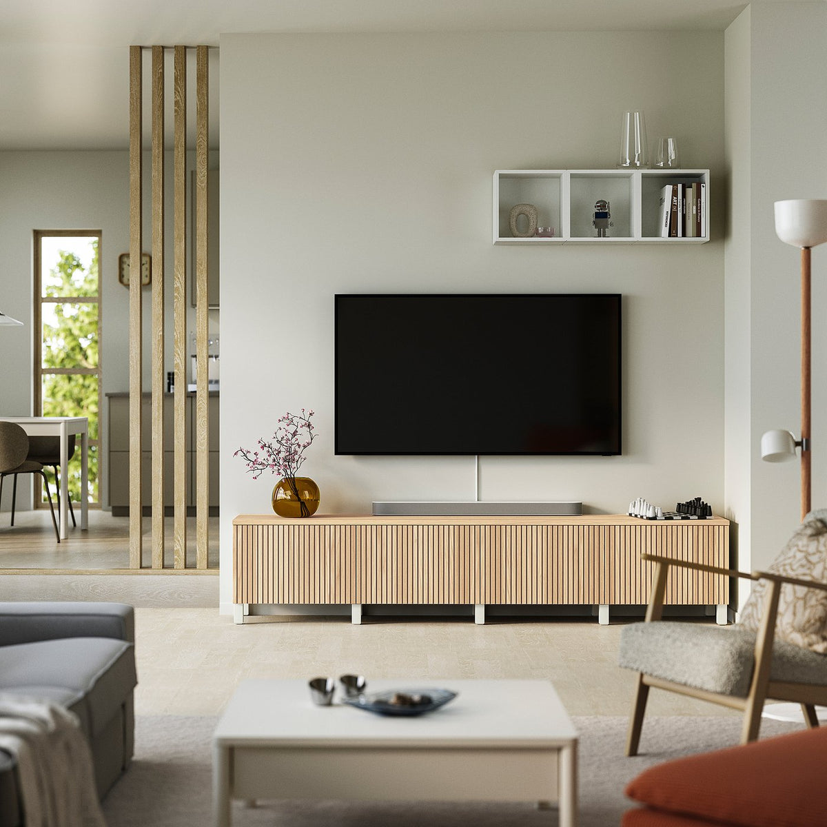 BESTÅ TV bench with doors, white/Björköviken/Stubbarp oak veneer, 240x42x50 cm