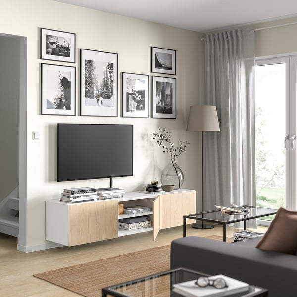 BESTÅ TV bench with doors, white/Fänrik ash, 180x42x38 cm