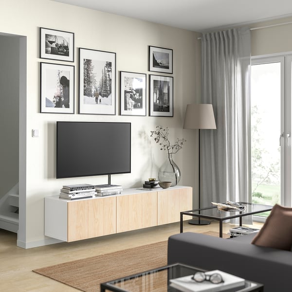 BESTÅ TV bench with doors, white/Fänrik ash, 180x42x38 cm