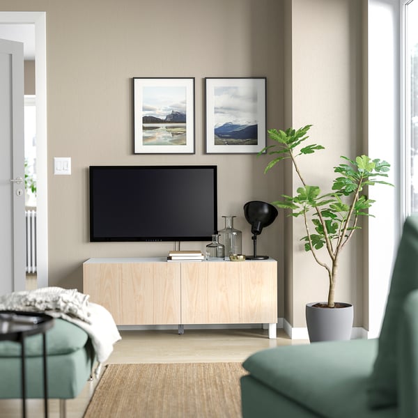 BESTÅ TV bench with doors, white/Fänrik/Stubbarp ash, 120x42x48 cm