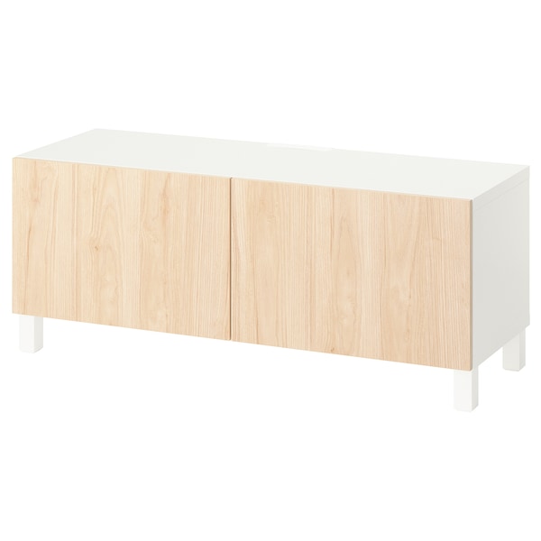 BESTÅ - TV cabinet with doors, white/Fänrik/Stubbarp ash,120x42x48 cm