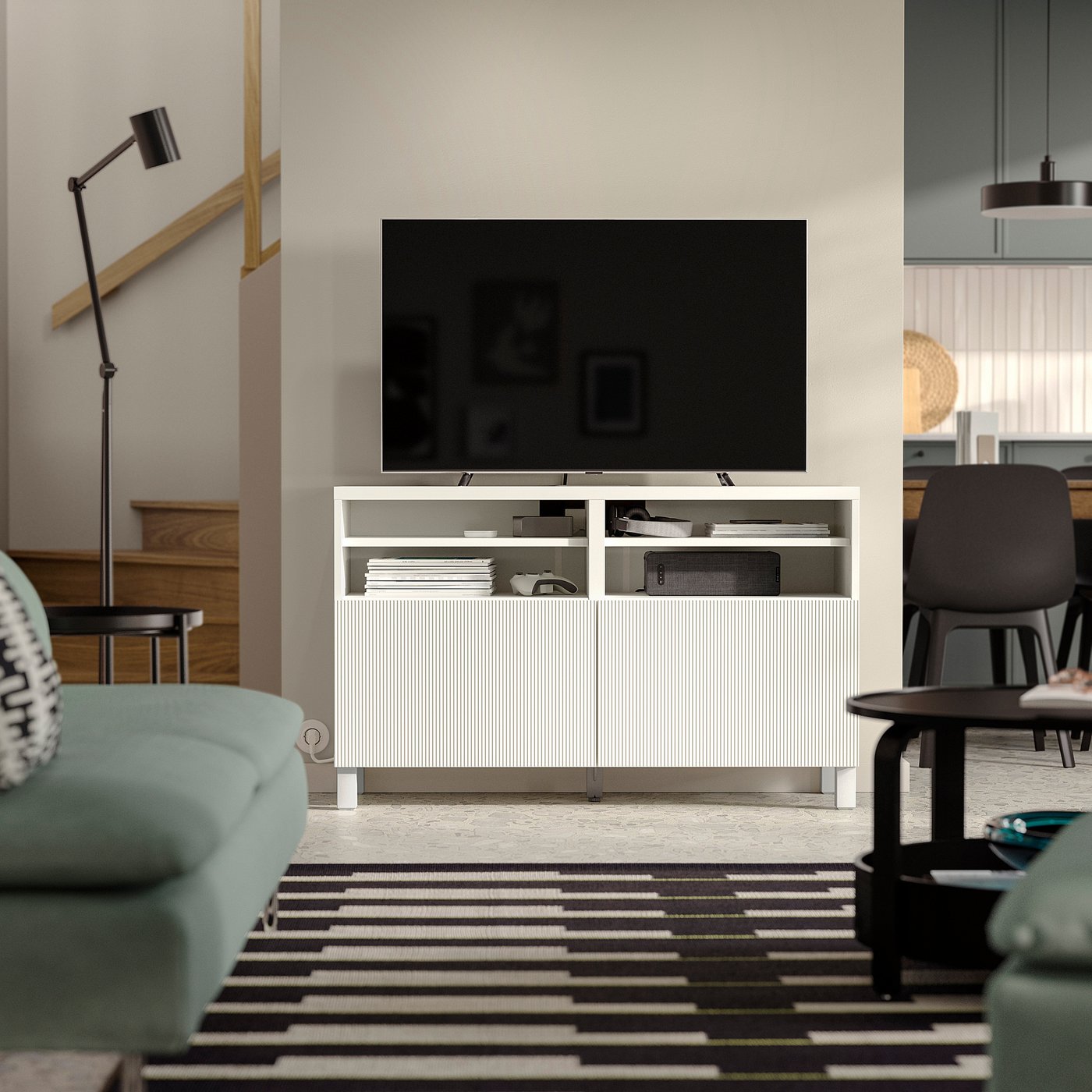 BESTÅ TV bench with doors, white/Förvaltare white, 120x42x74 cm