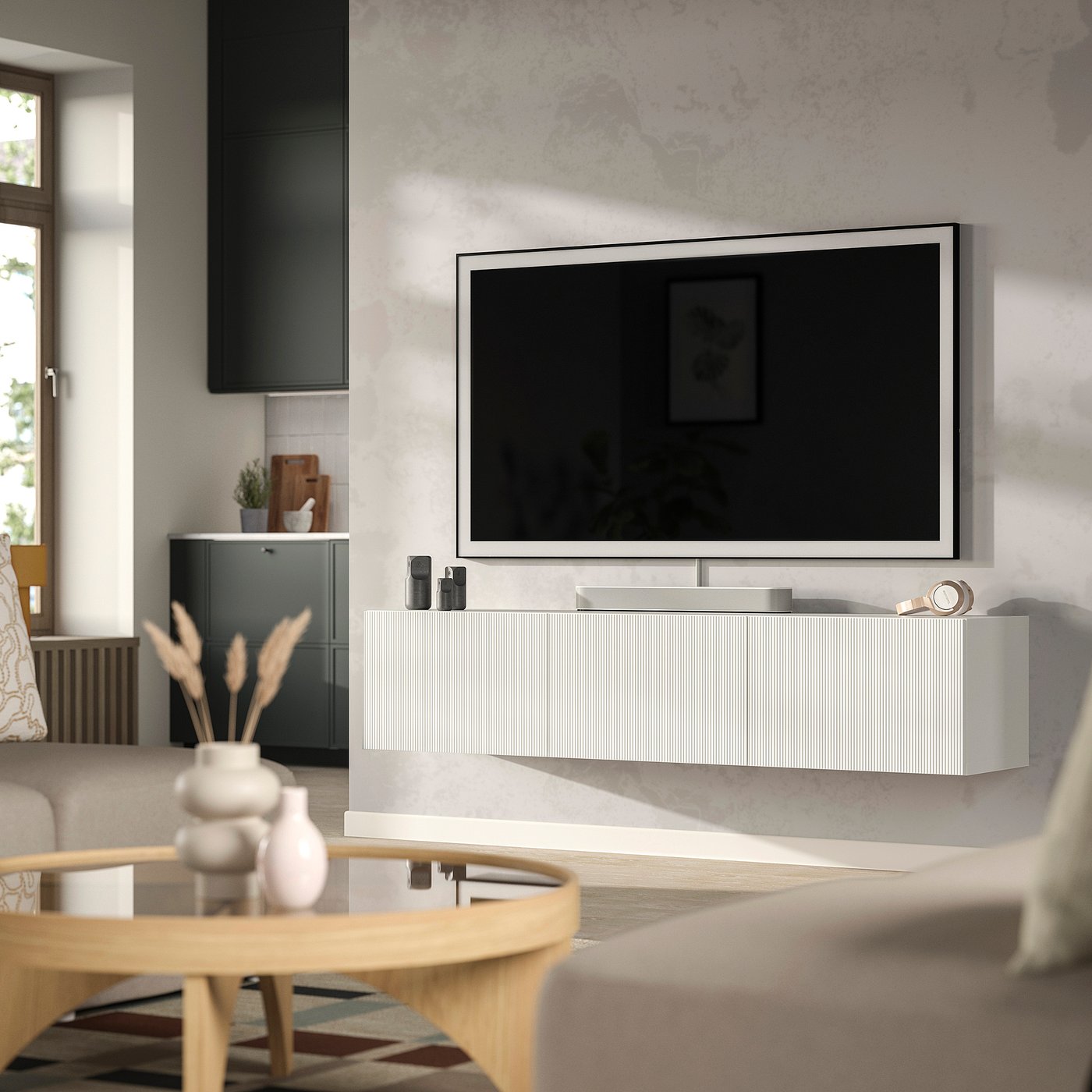 BESTÅ TV bench with doors, white/Förvaltare white, 180x38x42 cm