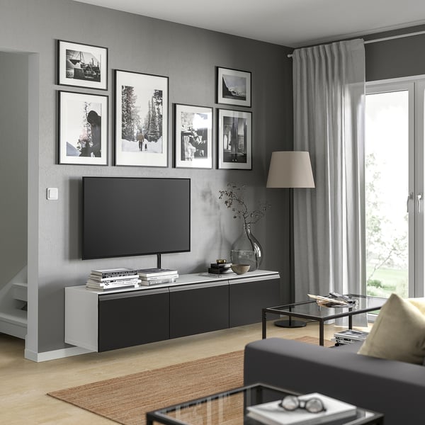 BESTÅ - BESTÅ TV bench with doors, white/Hammarsmed anthracite, 180x42x38 cm