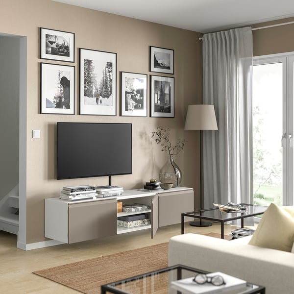 BESTÅ - BESTÅ TV bench with doors, white/Hammarsmed beige, 180x42x38 cm