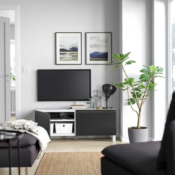 BESTÅ TV bench with doors, white/Hammarsmed/Stubbarp anthracite, 120x42x48 cm