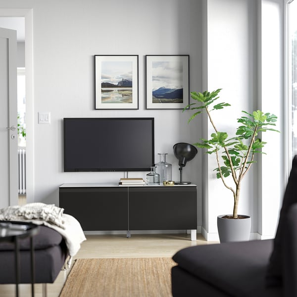 BESTÅ TV bench with doors, white/Hammarsmed/Stubbarp anthracite, 120x42x48 cm