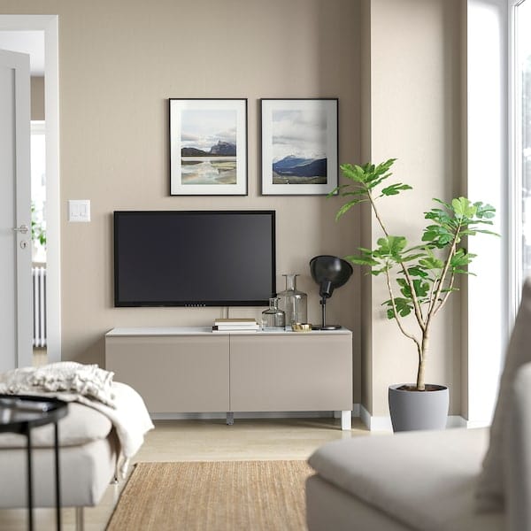 Ikea BESTÅ - TV bench with doors, white/Hammarsmed/Stubbarp beige, 120x42x48 cm