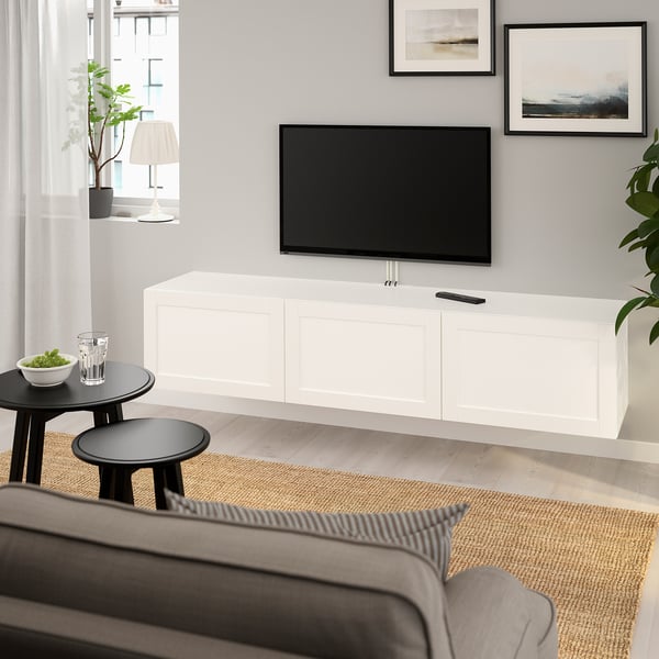 BESTÅ TV bench with doors, white/Hanviken white, 180x42x38 cm