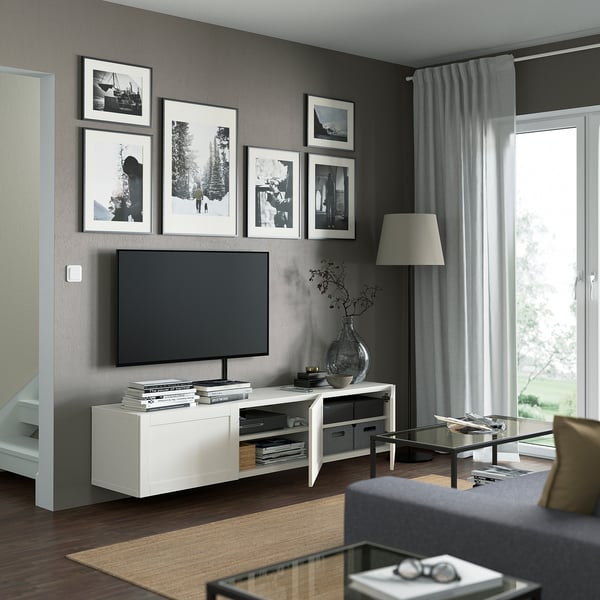 BESTÅ TV bench with doors, white/Hanviken white, 180x42x38 cm