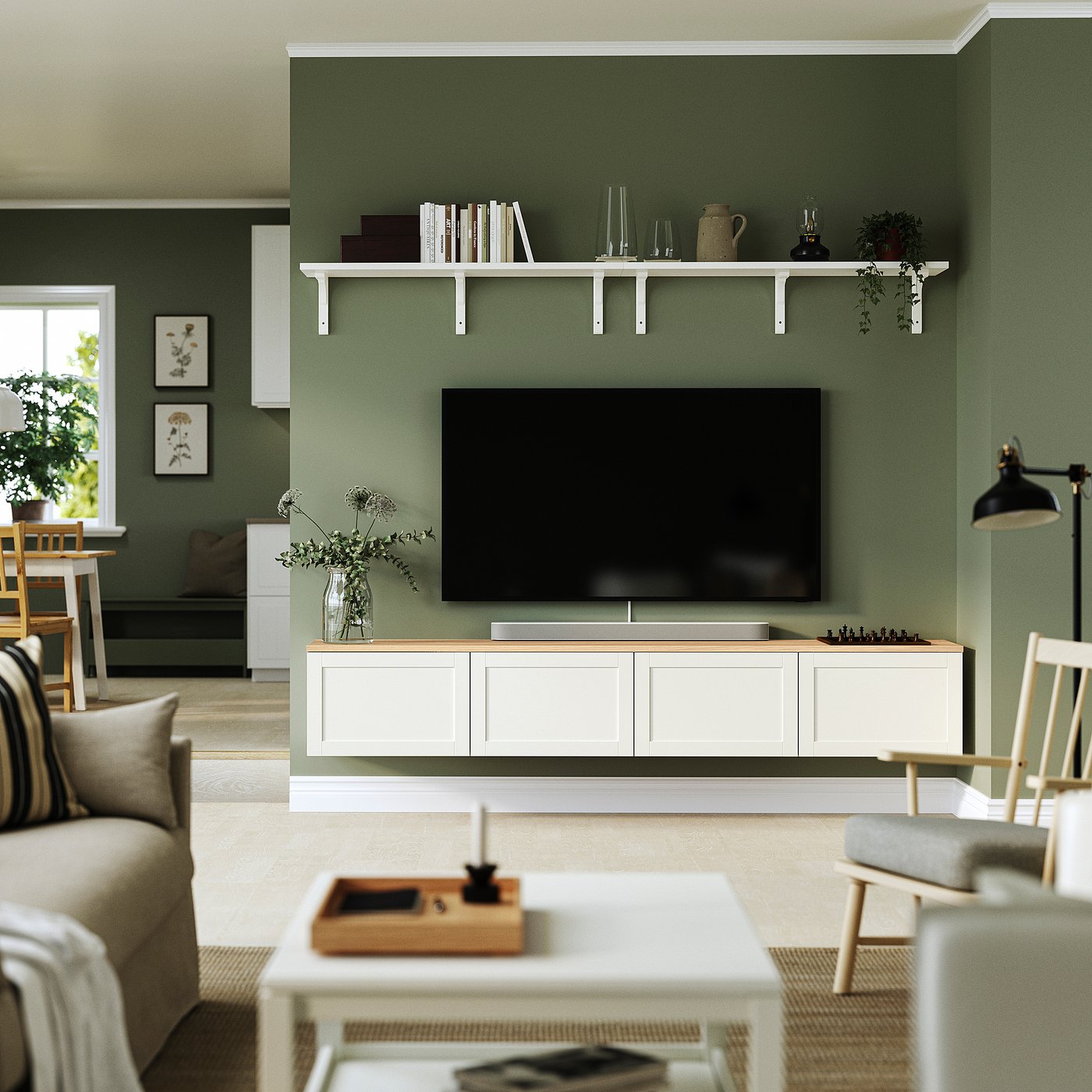 BESTÅ TV bench with doors, white/Hanviken white, 240x42x40 cm