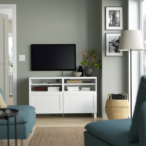 BESTÅ TV bench with doors, white/Hanviken/Stubbarp white, 120x42x74 cm