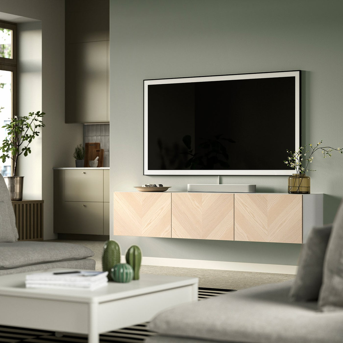 BESTÅ TV bench with doors, white/Hedeviken ash veneer, 180x42x38 cm