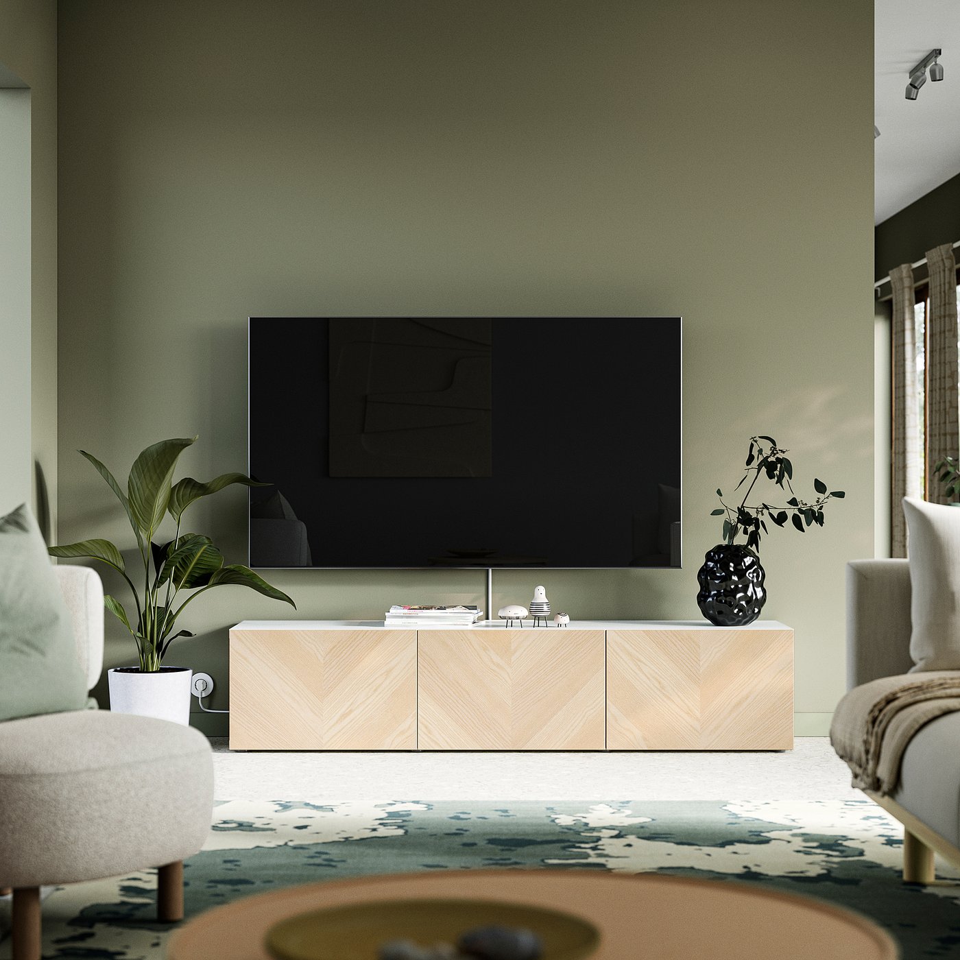 BESTÅ TV bench with doors, white/Hedeviken ash veneer, 180x42x38 cm