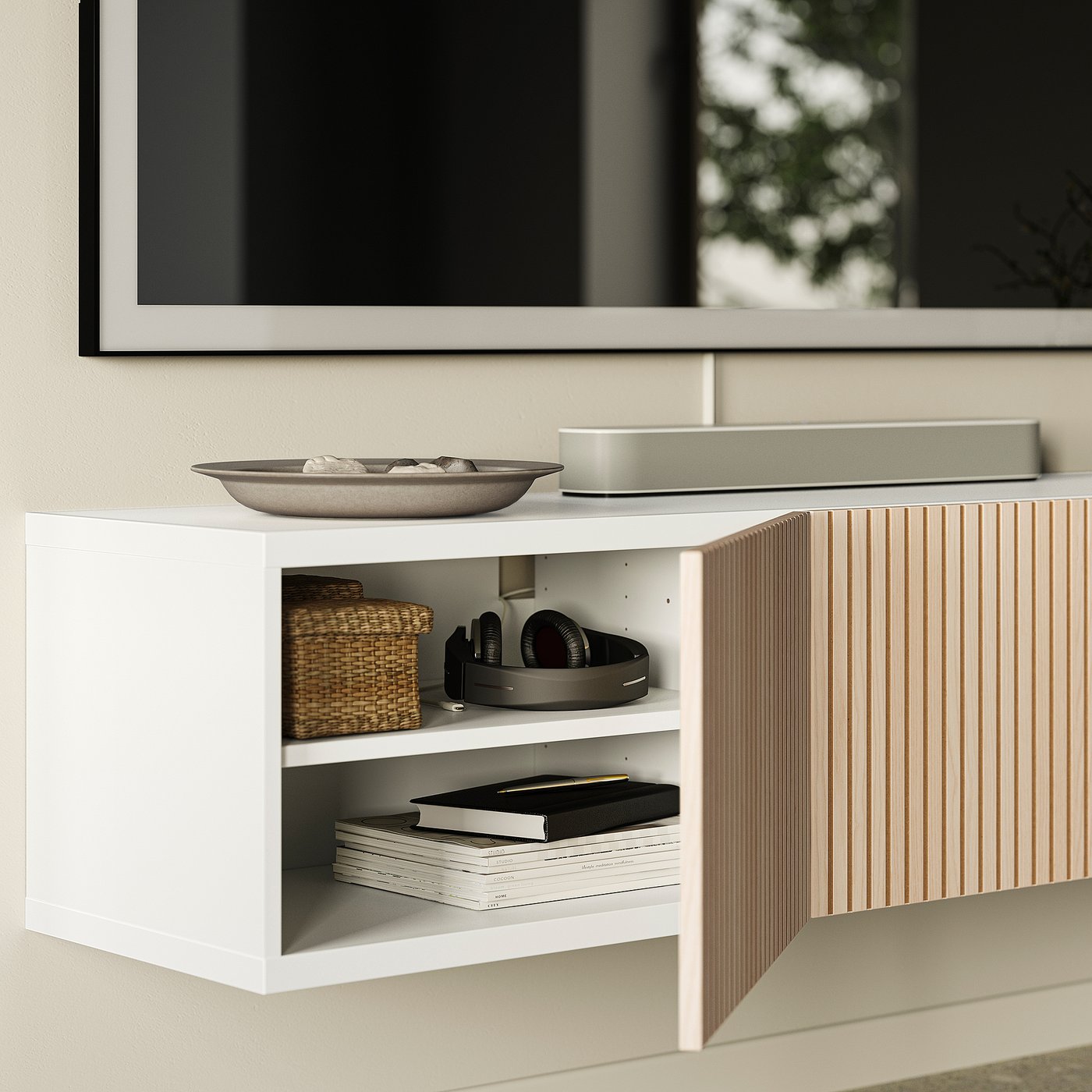 BESTÅ TV bench with doors, white/Hedeviken ash veneer, 180x42x38 cm