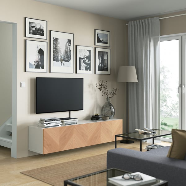 BESTÅ TV bench with doors, white/Hedeviken oak veneer, 180x42x38 cm