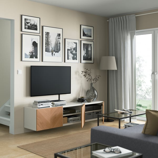 BESTÅ TV bench with doors, white/Hedeviken oak veneer, 180x42x38 cm