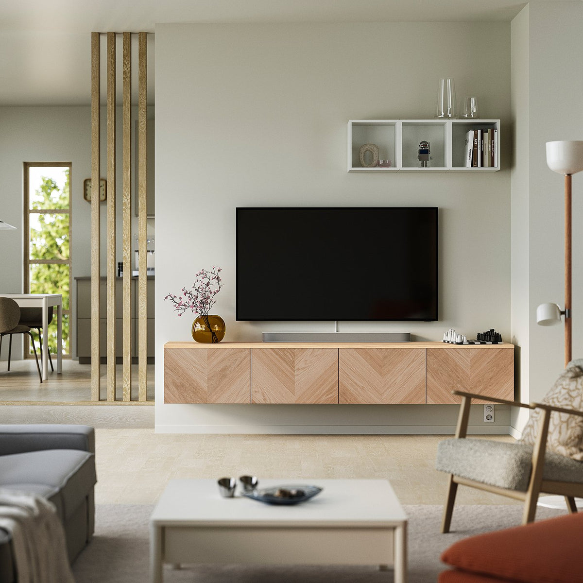 BESTÅ TV bench with doors, white/Hedeviken oak veneer, 240x42x40 cm