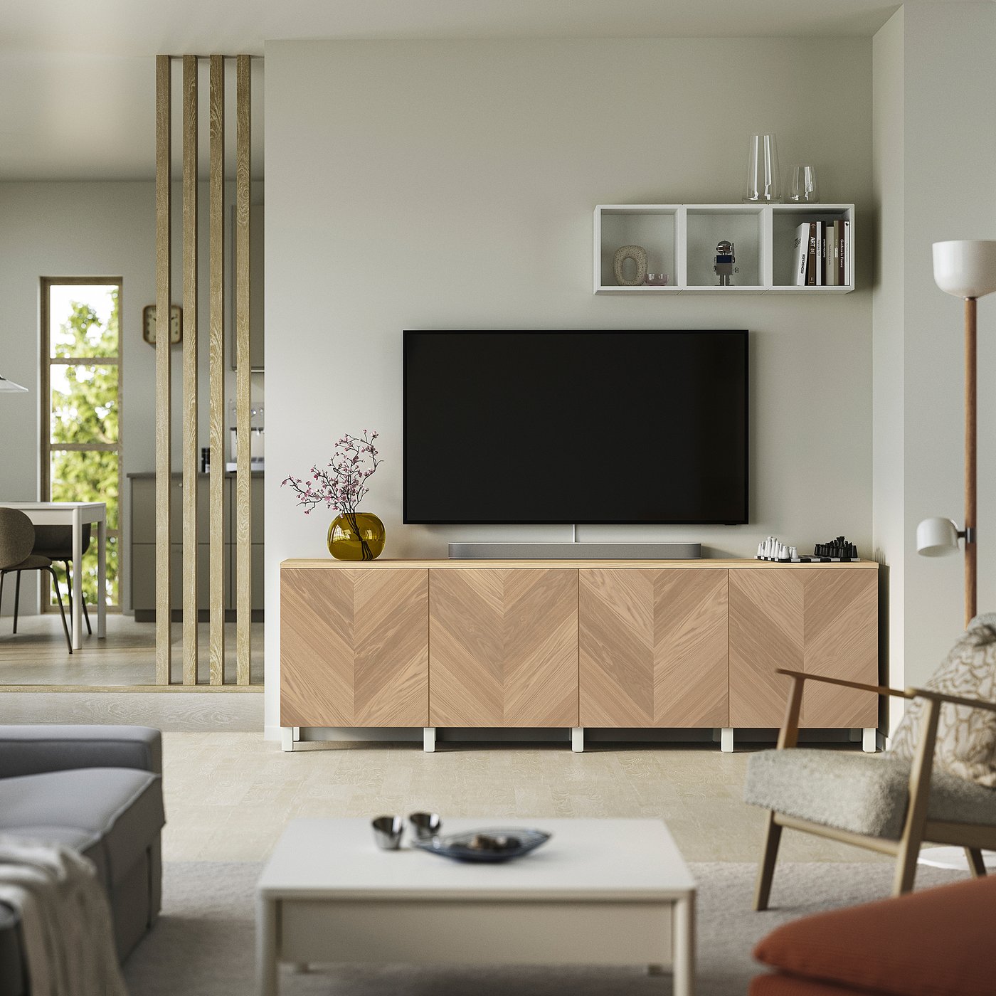 BESTÅ TV bench with doors, white/Hedeviken/Stubbarp oak veneer, 240x42x76 cm