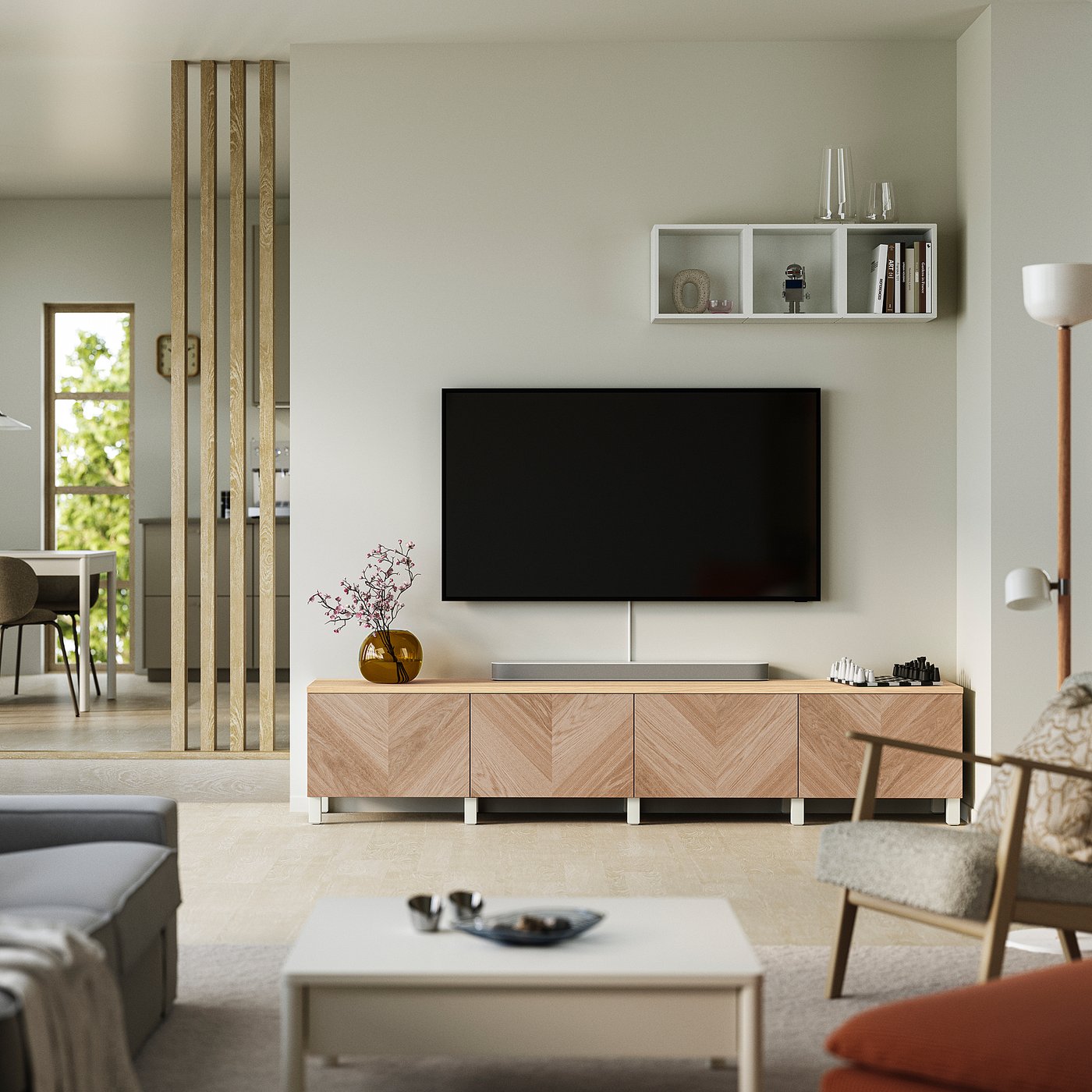 BESTÅ TV bench with doors, white/Hedeviken/Stubbarp oak veneer, 240x42x50 cm