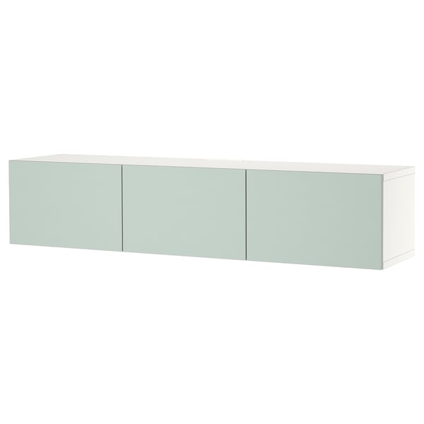 BESTÅ TV bench with doors, white/Hjortviken pale grey-green, 180x42x38 cm