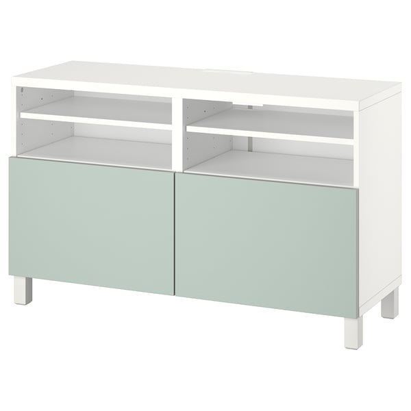 BESTÅ TV bench with doors, white/Hjortviken/Stubbarp pale grey-green, 120x42x74 cm