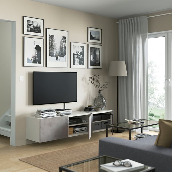 BESTÅ - BESTÅ TV bench with doors, white/Kallviken light grey, 180x42x38 cm