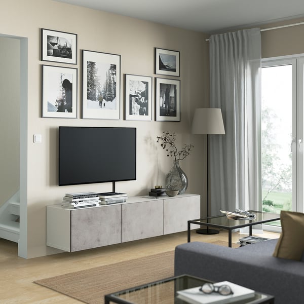 BESTÅ - BESTÅ TV bench with doors, white/Kallviken light grey, 180x42x38 cm