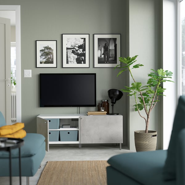 BESTÅ - BESTÅ TV bench with doors, white/Kallviken/Ösarp light grey, 120x42x48 cm