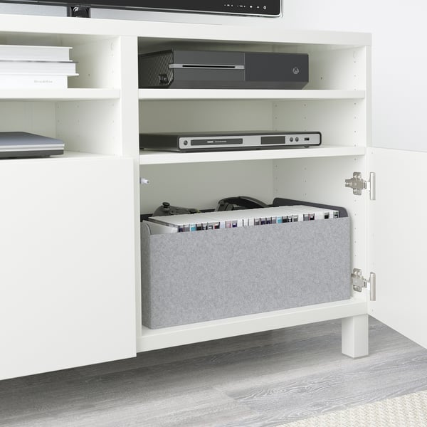 BESTÅ TV bench with doors, white/Kallviken/Stubbarp light grey, 120x42x74 cm