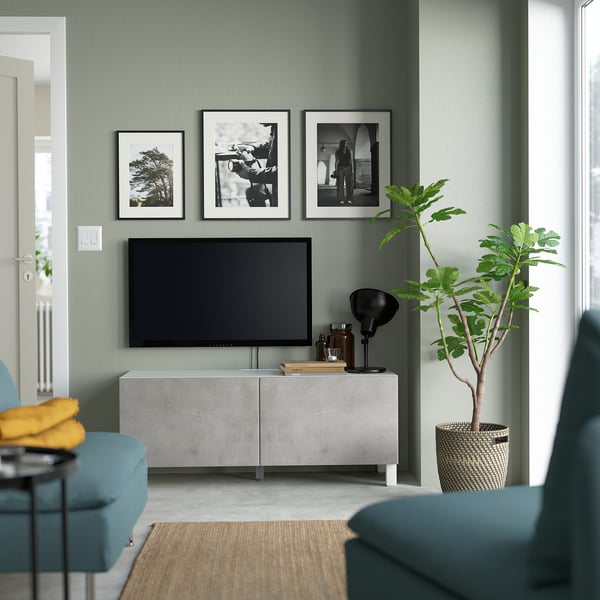 BESTÅ TV bench with doors, white Kallviken/Stubbarp/light grey, 120x42x48 cm