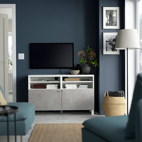 BESTÅ - BESTÅ TV bench with doors, white/Kallviken/Stubbarp light grey, 120x42x74 cm