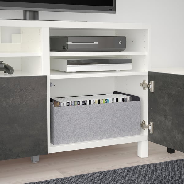 BESTÅ TV bench with doors, white Kallviken/Stubbarp/dark grey concrete effect, 120x42x74 cm