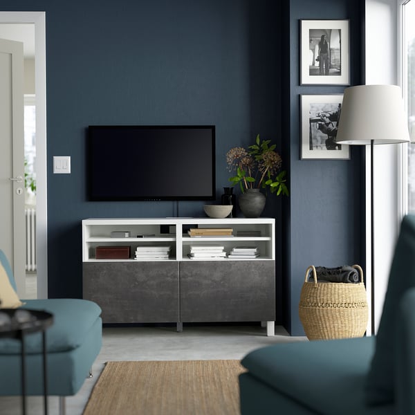 BESTÅ - BESTÅ TV bench with doors, white Kallviken/Stubbarp/dark grey concrete effect, 120x42x74 cm