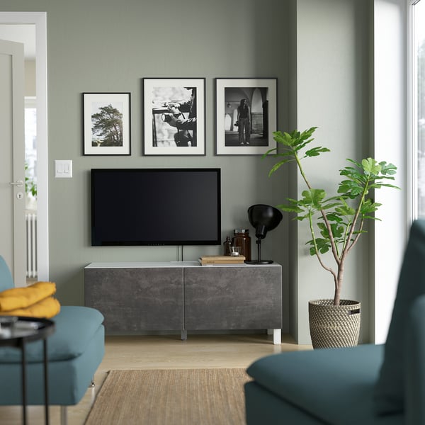BESTÅ TV bench with doors, white Kallviken/Stubbarp/dark grey, 120x42x48 cm