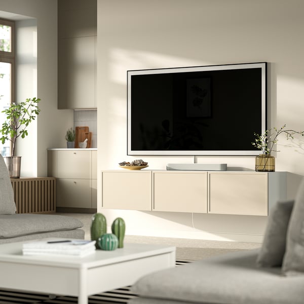 BESTÅ TV bench with doors, white/Krukmakare beige, 180x42x38 cm